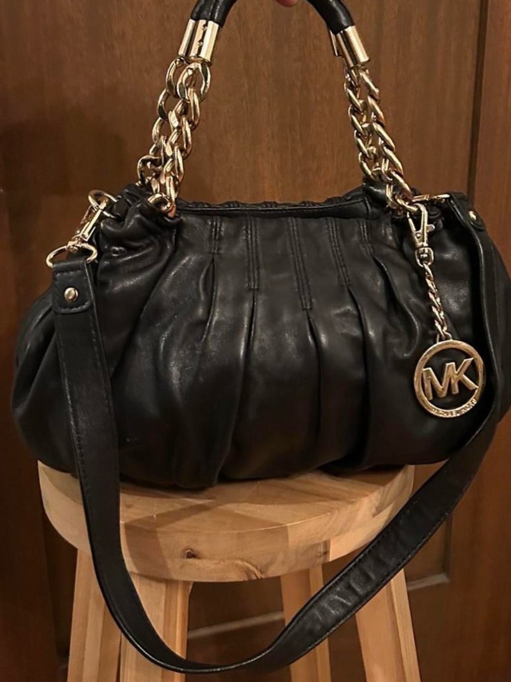 Michael Kors Black Leather Hobo bag Gold Chain Trim